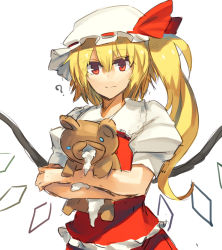 Rule 34 | 1girl, ?, blonde hair, flandre scarlet, hat, hat ribbon, highres, holding, looking at viewer, melon22, mob cap, puffy short sleeves, puffy sleeves, red eyes, ribbon, short sleeves, side ponytail, simple background, skirt, solo, stuffed animal, stuffed toy, stuffing, teddy bear, touhou, upper body, white background, wings