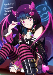 Rule 34 | 1girl, black choker, blue hair, boots, candy, choker, demon tail, demon wings, food, happy birthday, highres, hood, hoodie, horned hood, horns, licking lips, lollipop, looking at viewer, love live!, love live! school idol festival, love live! school idol festival all stars, love live! sunshine!!, nail polish, pleated skirt, purple eyes, shiimai, sitting, skirt, smile, solo, striped clothes, striped thighhighs, swirl lollipop, tail, thighhighs, tongue, tongue out, tsushima yoshiko, wings