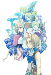 Rule 34 | blonde hair, blue eyes, brother and sister, commentary request, dagger, deboo, final fantasy, final fantasy ix, hair tubes, knife, medium hair, mikoto (ff9), monkey tail, multiple boys, multiple girls, painting (medium), short hair, siblings, tail, traditional media, watercolor (medium), weapon, zidane tribal