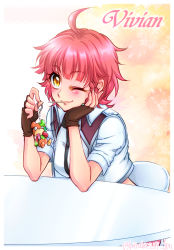 Rule 34 | 10s, 1girl, blush, brown gloves, candy, chair, character name, head rest, cropped jacket, cross ange, elbows on table, fingerless gloves, food, gloves, highres, charm (object), kiraki, lollipop, looking at viewer, one eye closed, pink hair, short hair, sitting, solo, table, vivian (cross ange), yellow eyes