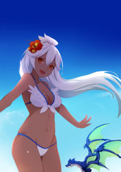 Rule 34 | 1girl, :d, bad id, bad pixiv id, bikini, breasts, cloud, commentary request, cowboy shot, dark-skinned female, dark skin, day, dragon, floating hair, flower, granblue fantasy, groin, hair between eyes, hair flower, hair ornament, halterneck, head tilt, hibiscus, long hair, medium breasts, navel, open mouth, outdoors, outstretched arms, red eyes, sky, smile, standing, strap gap, swimsuit, toki to shishin, very long hair, white bikini, white hair, zooey (granblue fantasy), zooey (summer) (granblue fantasy)