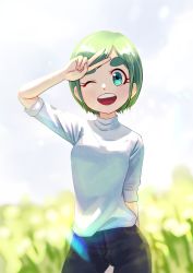 Rule 34 | 1girl, ;d, absurdres, blue eyes, blurry, blurry background, denim, green hair, hand up, highres, jeans, one eye closed, open mouth, original, outdoors, pants, shirt, short hair, sinohira rin, smile, solo, thick eyebrows, v, white shirt