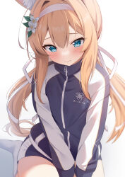 Rule 34 | 1girl, absurdres, animal ear fluff, animal ears, blue archive, blue eyes, blush, closed mouth, commentary request, flower, hair flower, hair ornament, hairband, highres, jacket, long hair, long sleeves, looking down, mari (blue archive), mari (track) (blue archive), official alternate costume, orange hair, rei (ilust9999), sidelocks, simple background, sitting, thighs, track jacket, twintails, white background, white hairband, zipper