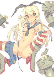 Rule 34 | 10s, 1girl, bad id, bad nijie id, black panties, blonde hair, blue eyes, breasts, censored, elbow gloves, gloves, hairband, kantai collection, mosaic censoring, navel, panties, pussy, rensouhou-chan, sentou, shimakaze (kancolle), skirt, skirt around one leg, small breasts, solo, spread legs, striped clothes, striped thighhighs, thighhighs, torn clothes, torn thighhighs, underwear, white background, white gloves