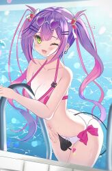 Rule 34 | 1girl, ;d, between breasts, bikini, blush, breasts, colored inner hair, commentary request, demon tail, demon wings, ear piercing, eyewear on head, food print, green eyes, hair ornament, hairclip, heart, heart-shaped eyewear, highres, hololive, horns, kurusu rei, long hair, looking at viewer, medium breasts, multicolored hair, one eye closed, open mouth, piercing, pink bikini, pink hair, pool, purple hair, side-tie bikini bottom, smile, solo, strawberry print, streaked hair, swimsuit, tail, tail censor, tail ornament, tail piercing, tokoyami towa, twintails, very long hair, virtual youtuber, water, white bikini, wings