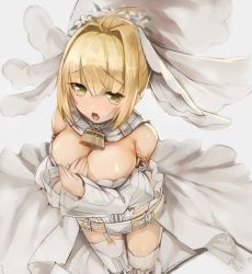Rule 34 | 10s, 1girl, :o, ahoge, arm strap, bare shoulders, belt, belt buckle, belt skirt, blonde hair, blush, breasts, bridal veil, buckle, chain, cleavage, cowboy shot, detached collar, detached sleeves, embarrassed, fate/extra, fate/extra ccc, fate/grand order, fate (series), flower, flower wreath, from above, garter belt, garter straps, green eyes, grey background, hair between eyes, hair intakes, hands on own chest, head wreath, legs together, leotard, lock, looking at viewer, looking up, medium breasts, nero claudius (bride) (fate), nero claudius (bride) (second ascension) (fate), nero claudius (fate), nero claudius (fate) (all), nero claudius (fate/extra), open mouth, own hands together, padlock, puffy detached sleeves, puffy sleeves, short hair with long locks, sidelocks, simple background, solo, standing, strapless, strapless leotard, sue sgr u, thigh gap, thigh strap, thighhighs, veil, waist cape, white flower, white leotard, white thighhighs, wide sleeves, zipper