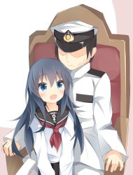Rule 34 | 1boy, 1girl, :d, admiral (kancolle), akatsuki (kancolle), anchor symbol, armchair, black hair, black skirt, blue eyes, blush, breast pocket, chair, closed mouth, commentary request, faceless, faceless male, hair between eyes, hat, highres, jacket, kantai collection, kushida you, long hair, long sleeves, looking at another, looking up, military, military hat, military uniform, naval uniform, neckerchief, no headwear, open mouth, pants, peaked cap, pocket, red neckerchief, school uniform, serafuku, shaded face, shirt, sitting, sitting on lap, sitting on person, skirt, smile, sweat, uniform, v arms, very long hair, white background, white jacket, white pants, white shirt