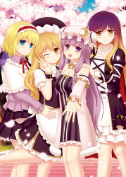 Rule 34 | 4girls, :d, :o, ;), adapted costume, alice margatroid, apron, arm garter, bare shoulders, bead necklace, beads, black dress, black skirt, blonde hair, blue eyes, blush, breasts, brooch, capelet, cherry blossoms, cleavage, collared shirt, cpu (hexivision), crescent, detached collar, dress, foreshortening, frilled sleeves, frills, fur trim, gradient hair, hairband, hat, hijiri byakuren, jewelry, juliet sleeves, kirisame marisa, lolita hairband, long hair, long sleeves, looking at viewer, mob cap, multicolored hair, multiple girls, neck ribbon, necklace, off-shoulder dress, off shoulder, one eye closed, open mouth, orange hair, patchouli knowledge, pearl necklace, petals, puffy short sleeves, puffy sleeves, purple eyes, purple hair, purple shirt, reaching, reaching towards viewer, red ribbon, ribbon, shirt, short hair, short sleeves, sidelocks, skirt, smile, strapless, strapless dress, striped clothes, striped dress, touhou, vertical-striped clothes, vertical-striped dress, very long hair, waist apron, white dress, witch hat, wrist cuffs, yellow eyes