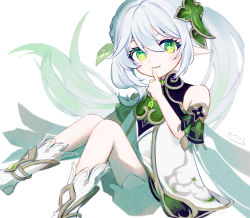 Rule 34 | 1girl, bloomers, cape, child, detached sleeves, dress, finger to mouth, genshin impact, gradient hair, green cape, green eyes, green hair, hair ornament, highres, leaf hair ornament, long hair, multicolored hair, nahida (genshin impact), pointy ears, side ponytail, smile, solo, tatata taira, toeless footwear, underwear, white bloomers, white dress, white footwear, white hair