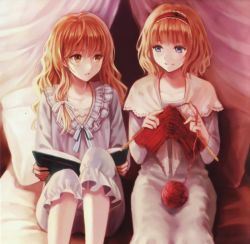 Rule 34 | 2girls, alice margatroid, bed, blonde hair, blue eyes, blush, book, bow, braid, capelet, couple, curtains, forestpireo, fukahire, fukahire (ruinon), hair bow, hair ribbon, hairband, kirisame marisa, knitting, long hair, long sleeves, looking at another, multiple girls, on bed, open book, open mouth, pajamas, pillow, ribbon, shooting snow (music cd), short hair, side-by-side, side braid, sleepwear, smile, touhou, tress ribbon, yellow eyes, yuri