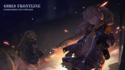 Rule 34 | 2girls, aiming, aiming at viewer, armband, backlighting, brown hair, character name, copyright name, cowboy shot, embers, explosion, girls&#039; frontline, gun, heibaise jiangshi, highres, holding, holding gun, holding weapon, jacket, long hair, looking at viewer, multiple girls, night, one side up, open mouth, orange eyes, outdoors, scar, scar across eye, scar on face, siblings, sisters, skirt, smoke, sparks, submachine gun, twins, twintails, ump45 (girls&#039; frontline), ump9 (girls&#039; frontline), utility pole, wallpaper, weapon, wind