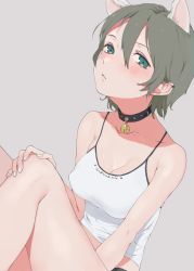 1girl animal_ears aqua_eyes bad_id bad_twitter_id bare_shoulders bell blush breasts cat_ears collar collarbone covered_erect_nipples earrings female_focus green_hair hand_on_own_knee highres jewelry jingle_bell large_breasts looking_at_viewer nail_polish neck_bell original shirt simple_background solo taut_clothes taut_shirt uni_(melm)