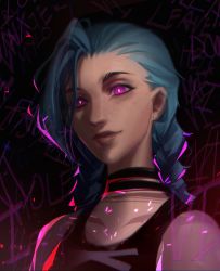 Rule 34 | 1girl, arcane: league of legends, arcane jinx, asymmetrical bangs, bare shoulders, black background, black choker, black shirt, blue hair, braid, choker, closed mouth, collarbone, freckles, highres, jinx (league of legends), league of legends, long hair, looking at viewer, pink eyes, red background, shirt, sleeveless, smile, solo, tattoo, twin braids, upper body, vincent t (oriaarts)