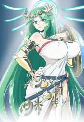 Rule 34 | 1girl, alternate breast size, armlet, breasts, covered erect nipples, dress, full body, gold trim, green eyes, green hair, hair ornament, highres, huge breasts, impossible clothes, impossible dress, jewelry, kid icarus, kid icarus uprising, long hair, looking at viewer, matsu-sensei, nintendo, palutena, shield, simple background, smile, smug, solo, thighhighs, very long hair