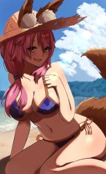Rule 34 | 1girl, absurdres, animal ear fluff, animal ears, artist request, beach, bikini, blue bikini, blush, breasts, cleavage, collarbone, commentary, commentary request, day, ears through headwear, fang, fate/grand order, fate (series), fox ears, fox girl, fox tail, hat, highres, large breasts, looking at viewer, navel, ocean, open mouth, outdoors, pink hair, side-tie bikini bottom, sitting, skin fang, solo, straw hat, swimsuit, tail, tamamo (fate), tamamo no mae (fate/extra), tamamo no mae (swimsuit lancer) (fate)