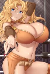 Rule 34 | 1girl, absurdres, arm up, blonde hair, blue eyes, blurry, blurry background, blush, breasts, chain-link fence, choker, cleavage, closed mouth, commentary request, fence, foreshortening, highres, huge breasts, long hair, looking at viewer, navel, orange panties, orange shirt, panties, pointing, pointing at viewer, rachel stanley, shijou saikyou no deshi ken&#039;ichi, shirt, skywalker0610, solo, standing, underwear, wavy hair, wrestling outfit, wrestling ring