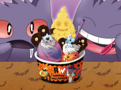Rule 34 | 10s, alternate color, bat (animal), chandelure, chocolate, cofagrigus, cookie, creatures (company), cubchoo, cup, dessert, drooling, food, food focus, game freak, gen 1 pokemon, gen 5 pokemon, gengar, halloween, ice cream, in container, in cup, in food, natsuki tomo, nintendo, no humans, objectification, open mouth, pokefood, pokemon, pokemon (creature), pokemon bw, purrloin, saliva, shiny pokemon, spoon, themed object, vanillish, vanillite, whipped cream, woobat