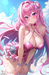 Rule 34 | 1girl, bare arms, bare shoulders, blush, breasts, cleavage, collarbone, covered navel, cowboy shot, dorothy (nikke), dorothy (nostalgia) (nikke), feathers, goddess of victory: nikke, hair bun, hair ornament, highres, large breasts, leaning forward, long hair, official alternate costume, outdoors, parted lips, pink hair, pinne (nikke), purple eyes, single hair bun, smile, solo, studiopokotan, thighhighs, thighs, white thighhighs