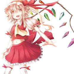 Rule 34 | 1girl, ascot, blonde hair, bow, fang, female focus, flandre scarlet, hat, hat bow, midriff, mob cap, navel, open mouth, puffy sleeves, shirt, short sleeves, side ponytail, simple background, skirt, skirt set, smile, solo, thighhighs, touhou, umagenzin, vest, white background, white thighhighs, wings, yellow eyes, zettai ryouiki