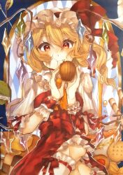 Rule 34 | 1girl, ascot, blonde hair, breasts, checkerboard cookie, chewing, closed mouth, collared shirt, cookie, crystal, eating, feet out of frame, flandre scarlet, food, frilled shirt collar, frilled sleeves, frills, hair between eyes, hat, hat ribbon, holding, holding food, kneehighs, laspberry., looking at viewer, marker (medium), medium hair, mob cap, multicolored wings, one side up, puffy short sleeves, puffy sleeves, red eyes, red ribbon, red skirt, red vest, ribbon, ribbon-trimmed socks, shirt, short sleeves, skirt, sleeve ribbon, small breasts, socks, solo, touhou, traditional media, vest, wafer stick, white hat, white shirt, white socks, wings, wrist cuffs, yellow ascot