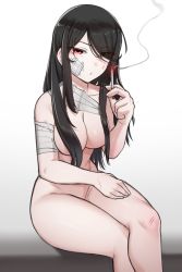 Rule 34 | 1girl, bandages, black hair, breasts, cigarette, convenient censoring, hair censor, hair over breasts, hair over one eye, highres, holding, holding cigarette, k0ng, large breasts, long hair, nude, red eyes, scrape, sitting, smoke, smoking, solo, stalker (game), white background
