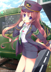 Rule 34 | 1girl, armband, black hat, blouse, blowing whistle, breast pocket, brown hair, clothes writing, coat, collared shirt, day, diagonal-striped clothes, diagonal-striped necktie, formal, gold trim, green necktie, hat, highres, miniskirt, necktie, original, outdoors, peaked cap, pencil skirt, platform, pocket, purple eyes, shirt, shirt tucked in, shiwasu horio, skirt, skirt suit, solo, standing, striped clothes, striped necktie, suit, train, train conductor, whistle, white shirt