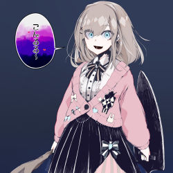 Rule 34 | 1girl, black background, blue eyes, cardigan, club (weapon), hair ornament, highres, holding, holding weapon, light brown hair, long hair, long sleeves, nijisanji, open mouth, pink cardigan, shield, simple background, skirt, solo, speech bubble, striped clothes, striped skirt, susumu, suzuhara lulu, translation request, vertical-striped clothes, vertical-striped skirt, virtual youtuber, weapon, x hair ornament