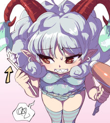 Rule 34 | 1girl, armpits, breasts, brushing teeth, commentary request, curly hair, ear piercing, floral print, frilled panties, frills, goat horns, hair dryer, highres, holding, horn ornament, horn ribbon, horns, leggings, lingerie, navel, negligee, panties, piercing, pointy ears, red eyes, red horns, ribbon, sharp teeth, sheep, small breasts, striped clothes, striped legwear, striped thighhighs, syope, teeth, thighhighs, toothbrush, touhou, toutetsu yuuma, underwear, white hair, wide hips