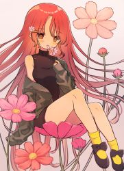 Rule 34 | 1girl, ame usako, bare shoulders, black bow, black footwear, black shirt, black shorts, blush, bow, breasts, brown eyes, commentary request, flower, green jacket, grey background, hair flower, hair ornament, hairclip, holding, holding flower, jacket, knees up, long hair, long sleeves, looking at viewer, mouth hold, off shoulder, open clothes, open jacket, original, parted bangs, petals, pink flower, red hair, shirt, shoes, short shorts, shorts, simple background, sitting, sleeveless, sleeveless shirt, sleeves past fingers, sleeves past wrists, small breasts, socks, solo, very long hair, yellow socks