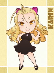 Rule 34 | 1girl, adjusting hair, alternate costume, antenna hair, black dress, blonde hair, bow, bracelet, capcom, character name, chibi, colored eyelashes, dress, eyelashes, full body, hair bow, hair ornament, hand on own hip, jewelry, kanzuki karin, legs, long hair, looking at viewer, pendant, smile, solo, sparkle, standing, street fighter, street fighter v, x-t3al, yellow eyes