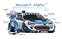 Rule 34 | 1girl, :d, adapted costume, blue eyes, blue hair, blunt bangs, car, commentary, cowfee, english commentary, english text, fins, fish tail, full body, gawr gura, hands up, unworn headwear, helmet, unworn helmet, highres, hololive, hololive english, long hair, motor vehicle, multicolored hair, open mouth, race vehicle, racecar, racing suit, shark tail, sharp teeth, simple background, smile, solo, streaked hair, tail, teeth, toyota, two-tone hair, two side up, vehicle focus, virtual youtuber, white background, white hair