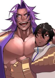 Rule 34 | 2boys, arjuna (fate), arm around neck, bara, bhima (fate), brothers, dark-skinned male, dark skin, fate/grand order, fate (series), gauntlets, gold trim, highres, large pectorals, long hair, male focus, multiple boys, muscular, muscular male, pectoral squeeze, pectorals, purple eyes, purple hair, purple vest, shiba ten, siblings, simple background, smile, solo, thick eyebrows, upper body, very long hair, vest