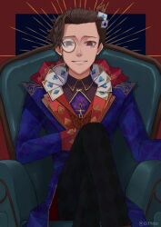 Rule 34 | 1058hoshi, 1boy, absurdres, argyle, argyle clothes, argyle pants, armchair, black pants, blue jacket, border, brown hair, card, chair, crossed legs, grey eyes, grin, hair slicked back, highres, identity v, jacket, male focus, monocle, orpheus (identity v), pants, playing card, red border, short hair, sideburns, sitting, smile, solo