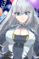 Rule 34 | 1girl, balloon, black gloves, blue eyes, breast tattoo, breasts, cleavage, cleavage cutout, clothing cutout, ethel (xenoblade), gloves, hand on own hip, highres, large breasts, looking at viewer, solo, tattoo, upper body, xenoblade chronicles (series), xenoblade chronicles 3, zer00han