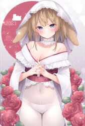 Rule 34 | 1girl, 2023, :o, animal ears, blue eyes, breasts, brown hair, chinese zodiac, chitetan, cleavage, commentary request, covered navel, flower, interlocked fingers, japanese clothes, jewelry, kimono, looking at viewer, medium breasts, nail polish, nengajou, new year, off shoulder, original, own hands together, panties, panties under pantyhose, pantyhose, parted lips, rabbit ears, red flower, red nails, red rose, ring, rose, solo, underwear, veil, white kimono, white panties, white pantyhose, year of the rabbit