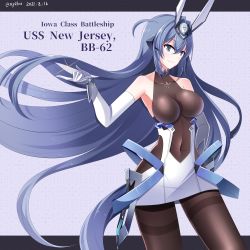 Rule 34 | 1girl, :3, absurdres, armpits, artist name, azur lane, bare shoulders, blue eyes, blue hair, bodystocking, breasts, closed mouth, clothing cutout, commentary request, covered collarbone, covered navel, cowboy shot, crossed bangs, dated, dress, elbow gloves, floating hair, gloves, hair between eyes, hair intakes, hand on own hip, hand up, headgear, hebitsukai-san, highres, large breasts, letterboxed, long hair, looking at viewer, navel cutout, new jersey (azur lane), pantyhose, sidelocks, smile, solo, sparkle, standing, twitter username, very long hair, white dress, white gloves