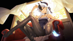 Rule 34 | 1girl, arm up, armpits, ass, backlighting, bare shoulders, black choker, black dress, black hair, blue archive, bow, breasts, brown jacket, brown pantyhose, choker, couch, dress, earrings, feet, frown, hair bow, highres, horns, jacket, jewelry, kayoko (blue archive), kayoko (dress) (blue archive), legs, legs up, long hair, long sleeves, looking at viewer, multicolored hair, no shoes, off shoulder, official alternate costume, on couch, open clothes, open jacket, open mouth, panties, panties under pantyhose, pantyhose, red eyes, shiny pantyhose, short dress, side slit, sleeveless, sleeveless dress, small breasts, soles, solo, spaghetti strap, strap gap, thighs, toes, two-tone hair, underwear, white hair, white panties, window, yin lan xue