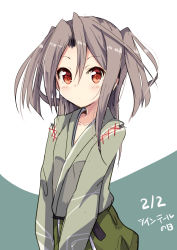 Rule 34 | 10s, 1girl, alternate hairstyle, amano kouki, blush, brown eyes, collarbone, cowboy shot, dated, hair between eyes, hakama, hakama pants, hakama shorts, highres, japanese clothes, kantai collection, light brown hair, long hair, long sleeves, looking at viewer, pants, portrait, shorts, simple background, solo, twintails day, two side up, upper body, v arms, white background, zuihou (kancolle)