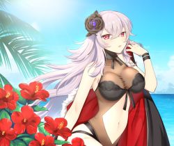 Rule 34 | 1girl, adjusting clothes, azur lane, bikini, black bikini, blue sky, breasts, cape, cleavage, cloud, cloudy sky, collarbone, commentary request, ebino mayo, flower, fur-trimmed cape, fur trim, graf zeppelin (azur lane), graf zeppelin (beachside urd) (azur lane), hair between eyes, hair ornament, horizon, long hair, looking at viewer, midriff, navel, ocean, parted lips, red eyes, sidelocks, silver hair, sky, solo, sunlight, swimsuit
