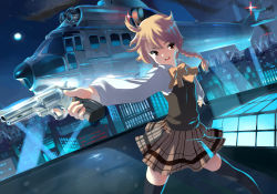Rule 34 | 1girl, absurdres, ahoge, aircraft, aqua theme, black thighhighs, blonde hair, bow, bowtie, braid, brown eyes, building, city, cityscape, double bun, dutch angle, facing viewer, full moon, gun, hair bun, handgun, helicopter, highres, holding, holding gun, holding weapon, legs apart, light rays, long sleeves, looking to the side, moon, night, night sky, open mouth, original, outdoors, outstretched arm, plaid, plaid skirt, revolver, rinz, rooftop, single braid, skirt, sky, solo, standing, star (sky), thighhighs, weapon, yellow bow, yellow bowtie, zettai ryouiki