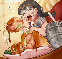 Rule 34 | 1girl, black hair, blurry, blurry background, braid, cup, drinking straw, dripping, earrings, eating, eighth note, closed eyes, fisheye, food, glasses, highres, holding, holding food, indoors, jewelry, lettuce, meat, musical note, open mouth, original, plaid, plate, sandwich, sanjiro (tenshin anman), sauce, short sleeves, solo, spoken musical note, twin braids, watch, wristwatch