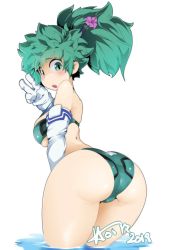 Rule 34 | 1girl, 2019, artist name, ass, bikini, blush, boku no hero academia, breasts, elbow gloves, embarrassed, female focus, flower, freckles, genderswap, genderswap (mtf), gloves, green bikini, green eyes, green hair, hair flower, hair ornament, highres, hot vr, long hair, looking at viewer, looking back, matching hair/eyes, medium breasts, midoriya izuku, open mouth, partially submerged, ponytail, sideboob, skindentation, solo, swimsuit, thighs, underboob, v, water, white background