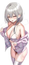 Rule 34 | 1girl, absurdres, ass, bare shoulders, bikini, blush, breasts, closed eyes, collarbone, commentary, grey hair, hair between eyes, hanasaka houcha, highres, large breasts, leaning forward, long hair, long sleeves, mature female, navel, open clothes, open mouth, raised eyebrows, solo, steaming body, string bikini, striped, swimsuit, thighhighs, thighs, uzaki-chan wa asobitai!, uzaki tsuki