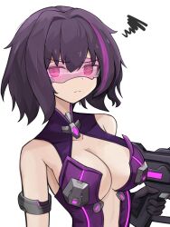 Rule 34 | 1girl, absurdres, armlet, black gloves, black hair, breasts, center opening, cleavage, closed mouth, collarbone, commentary, commission, english commentary, gamryous, girls&#039; frontline, gloves, gun, hair between eyes, head-mounted display, highres, holding, holding gun, holding weapon, large breasts, leotard, light frown, looking at viewer, multicolored hair, purple eyes, purple hair, purple leotard, ripper (girls&#039; frontline), sangvis ferri, short hair, simple background, solo, squiggle, streaked hair, upper body, weapon, white background