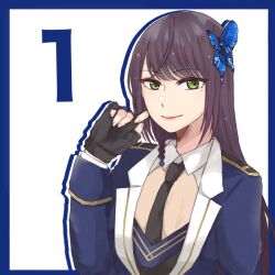 Rule 34 | 1girl, arm at side, assault lily, black gloves, black necktie, blue border, blue jacket, border, braid, brown hair, butterfly hair ornament, closed mouth, collared shirt, commentary, cosplay, countdown, epaulettes, fingerless gloves, fingernails, funada kiito, funada kiito (cosplay), gloves, green eyes, hair ornament, hand up, ishii haruna, jacket, long hair, long sleeves, looking at viewer, mole, mole under eye, necktie, nigari (ngari 0115), outside border, real life, shirt, side braid, simple background, single braid, smile, solo, upper body, voice actor, voice actor connection, white background, white shirt