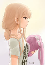 Rule 34 | 10s, 1girl, 2015, blonde hair, clothes writing, dated, from side, futaba anzu, gradient background, hair over shoulder, idolmaster, idolmaster cinderella girls, low twintails, nagian, profile, shirt, solo, stuffed animal, stuffed rabbit, stuffed toy, t-shirt, twintails, you work you lose