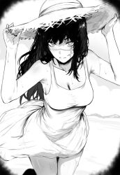Rule 34 | 1girl, absurdres, alternate costume, beach, black hair, chainsaw man, cross scar, dress, facial scar, greyscale, hat, highres, looking at viewer, masoq, monochrome, ringed eyes, scar, scar on cheek, scar on face, scar on nose, solo, sun hat, wet, white dress, yoru (chainsaw man)