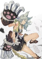 Rule 34 | 1girl, animal ear fluff, animal ears, armband, backless outfit, bare shoulders, boots, breasts, brown footwear, brown gloves, cat ears, claw (weapon), cleavage, collar, cropped jacket, debris, dress, flower, gloves, granblue fantasy, grey hair, groin, hair flower, hair ornament, hashibiro kou (garapiko p), highres, hood, hood down, hooded jacket, jacket, long hair, open mouth, sen (granblue fantasy), sleeveless, sleeveless dress, sleeveless jacket, small breasts, solo, weapon