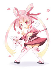 Rule 34 | 1girl, angel, angel wings, cherry blossoms, disgaea, disgaea rpg, falling petals, flower, flower ornament, hair flower, hair ornament, hat, highres, hime cut, holding, holding staff, long hair, magical girl, miniskirt, petals, pink eyes, pink hair, pink ribbon, pink skirt, ribbon, ribbon-trimmed sleeves, ribbon trim, sandals, sicily (disgaea), skirt, smile, staff, thighhighs, v, white background, white thighhighs, wings, yabisara, zouri
