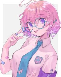 Rule 34 | 1girl, ahoge, armband, bandaid, bandaid on arm, bandaid on hand, blue-framed eyewear, blue necktie, breasts, ear piercing, fujie-yz, glasses, gradient hair, highres, large breasts, looking at viewer, monster girl, multicolored hair, necktie, original, piercing, pink hair, purple eyes, purple hair, round eyewear, safety pin, shirt, short hair, simple background, slime (substance), slime girl, solo, tongue, tongue out, two-tone background, upper body, white shirt